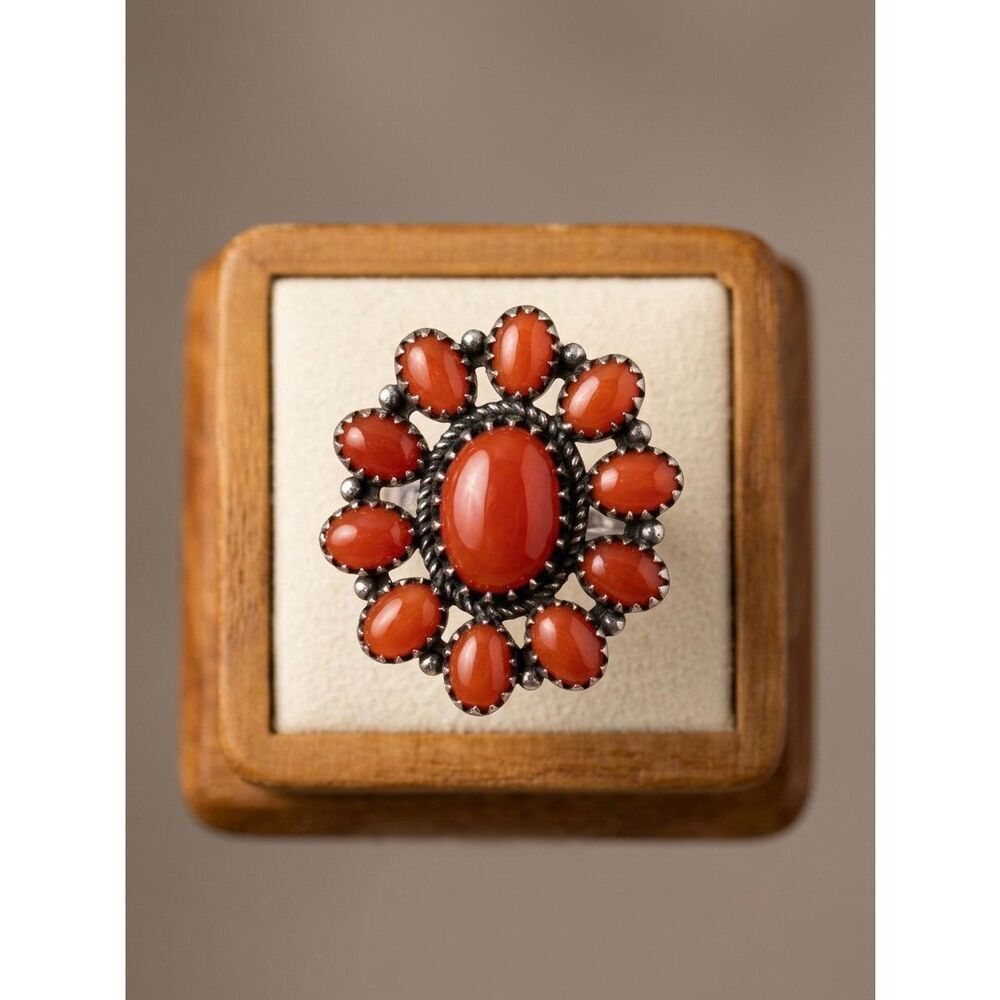 Vintage Style Southwestern Silver Carnelian Floral Cluster Statement Ring 10